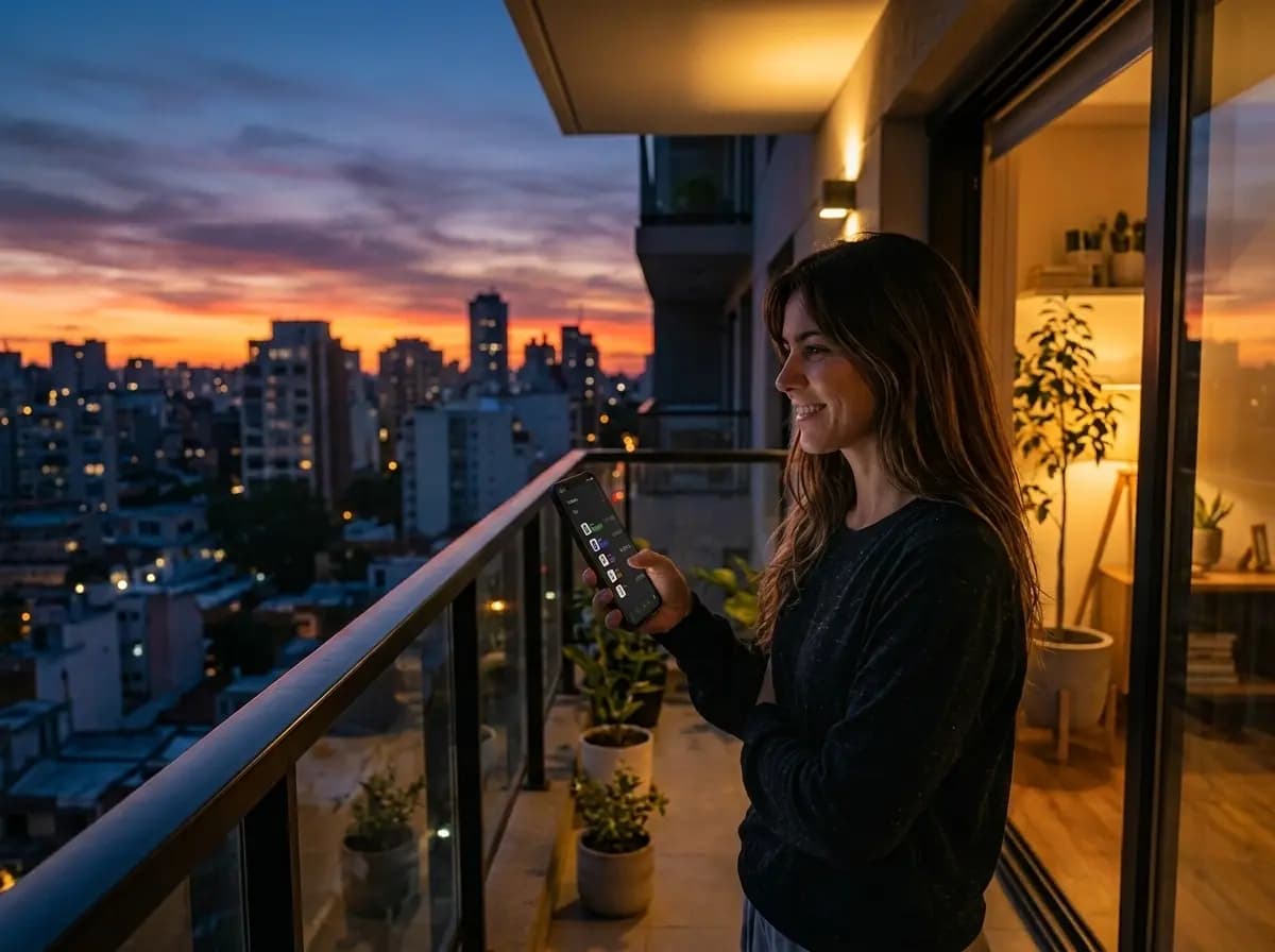 Vendedora mirando Dashlo en el celular en su balcón al atardecer