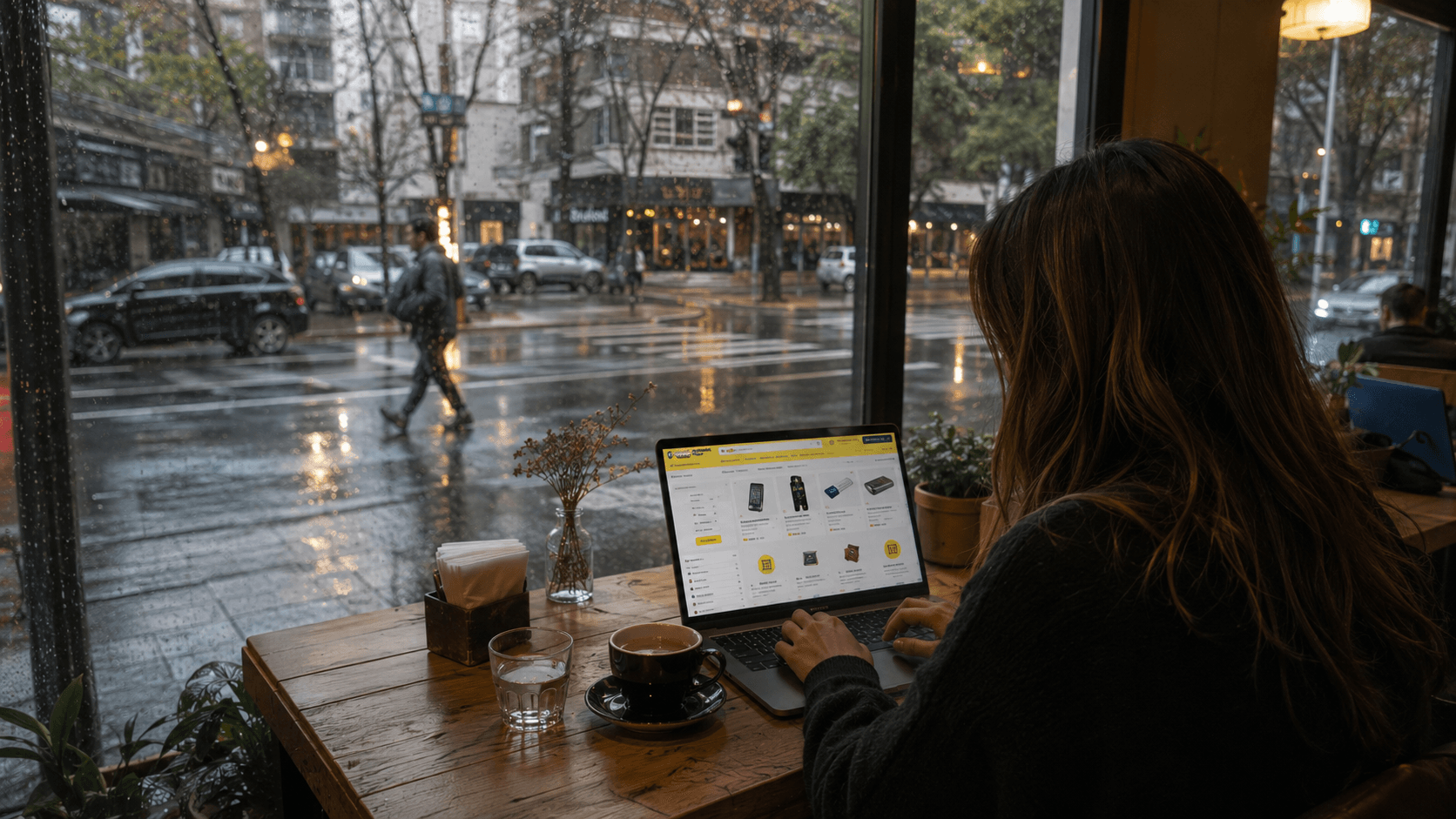 Vendedora de Mercado Libre revisando sus ventas desde un café en San Telmo