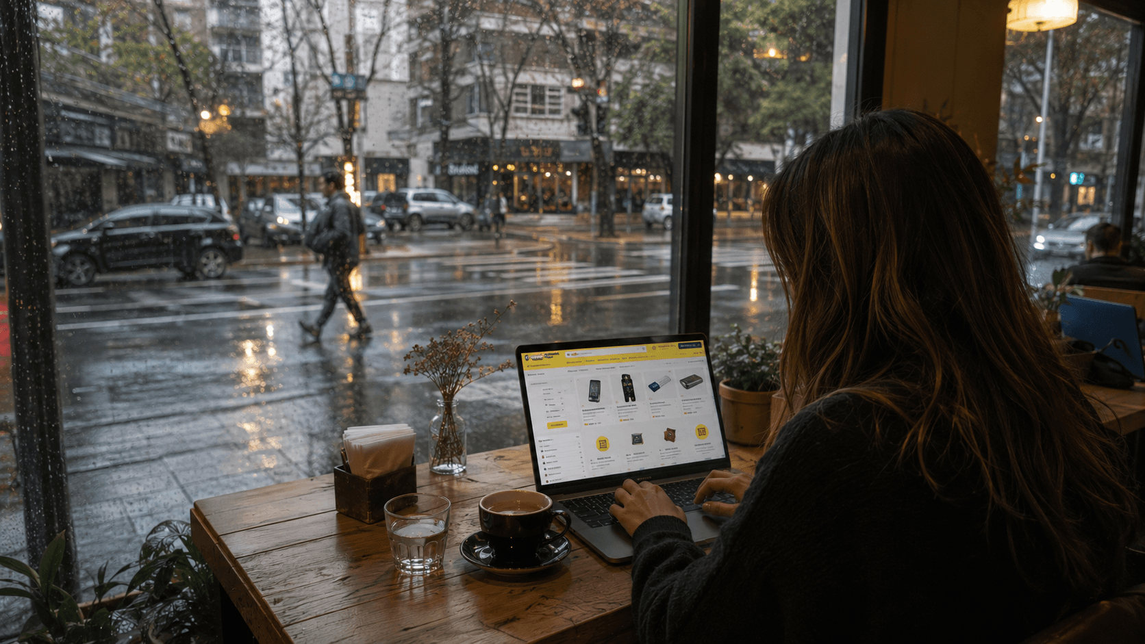 Vendedora de Mercado Libre revisando sus ventas desde un café en San Telmo