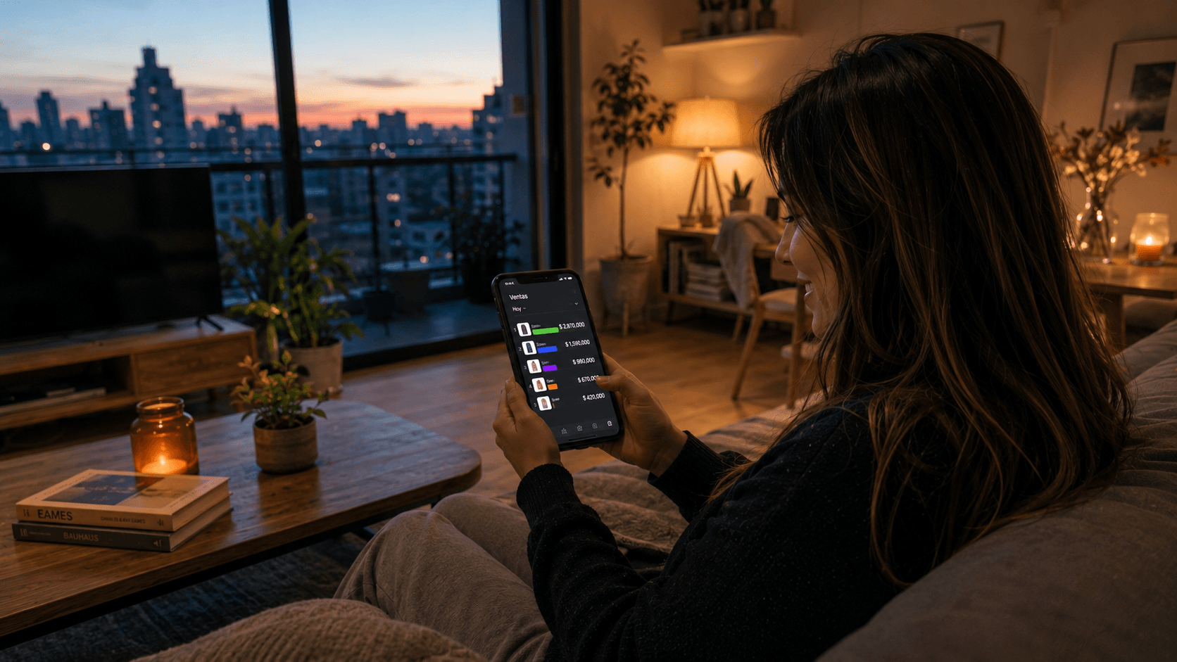 Vendedora relajada en su casa a la noche, revisando el celular mientras Dashlo trabaja
